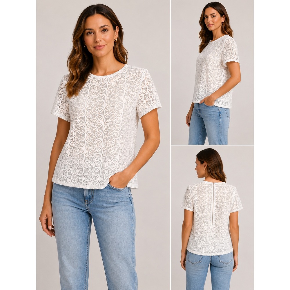 Diane von‎ Furstenberg Melissa White Lace Scallop Short Sleeve Top S205901D14 6